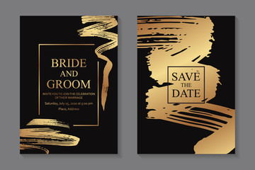 Set of modern grunge luxury wedding invitation design or card templates for business or poster or greeting with golden paintbrush strokes on a black background.