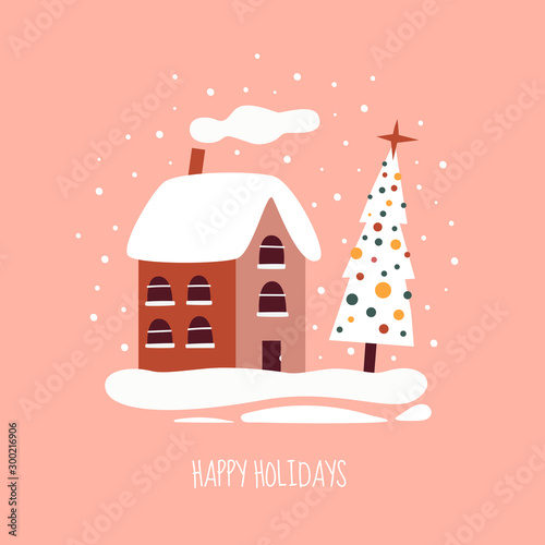Cartoon Cute House With Christmas Trees Covered With Snow On Pink Background Can Be Used For Decoration And Design Of Holiday Cards Banners Packaging Vector Seasonal Illustration Buy This Stock Vector