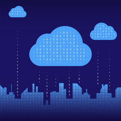 The city on line. Abstract futuristic digital city, binary rain, cloud service connected.