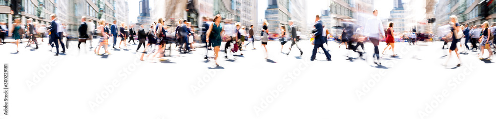 Walking people blur. Lots of people walking in the City of London. Wide panoramic view of people crossing the road.  - obrazy, fototapety, plakaty 