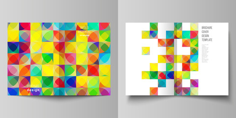Poster - Vector layout of two A4 format modern cover mockups design templates for bifold brochure, flyer, booklet, report. Abstract background, geometric mosaic pattern with bright circles, geometric shapes.