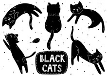 Cute Black Cat Set. Doodle Kitten In Different Poses Collection