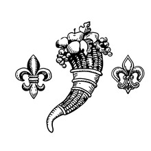Cornucopia-horn Of Plenty And Floral Heraldic Elements. Gerb Symbol Of Wealth, Riches. Vector Illustration