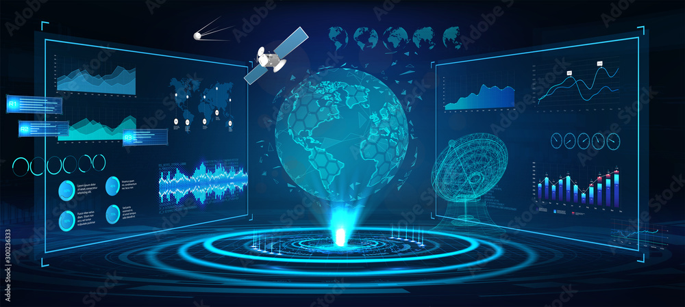 Futuristic Earth globe hologram and HUD interface panels, with 3D antenna and satellites. Сontrol center dashboard. Earth globe hologram with sci-fi interface. Vector illustration 