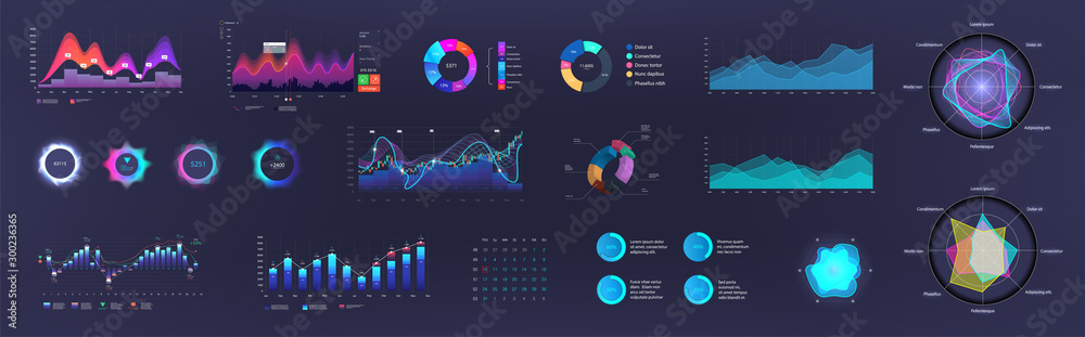 Infographic dashboard template with charts, diagrams elements, online statistics and data analytics. Information panel Mockup. UI, UX, KIT elements design. Vector graphics and infographics set - obrazy, fototapety, plakaty 