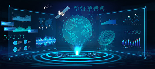 Poster - Futuristic Earth globe hologram and HUD interface panels, with 3D antenna and satellites. Сontrol center dashboard. Earth globe hologram with sci-fi interface. Vector illustration 