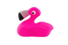 Pink Rubber Flamingo Baby Toy Isolated On White Background. Tropical Vacation Concept.