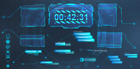 Wall Mural - Callouts titles and screen futuristic frame in HUD style. Futuristic callout bar labels, information call box bars and modern digital info boxes layout templates. Vector illustration HUD, GUI, UI
