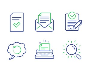 Aufkleber - Typewriter, Mail correspondence and Rfp line icons set. Checked file, Recovery data and Search signs. Instruction, E-mail newsletter, Request for proposal. Correct document. Technology set. Vector
