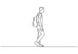 Continuous one line drawing of man walking on the street. Concept of student college person with bag.
