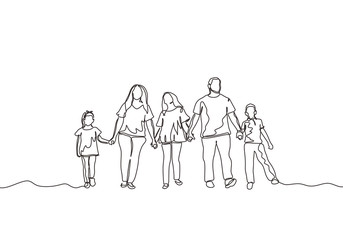 Wall Mural - Continuous one line drawing of happy family. Concept of mother, father, daughter, son, and kids. Vector parenting theme minimalism design.