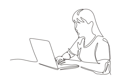 Continuous one line drawing of woman with laptop. Vector secretary concept hand drawn simplicity design.