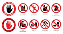 Say No To Plastic. Stop Plastic. Stop Using Single Use Plastic Bags, Straws, Bottles And Cups. Protest Against Plastic Garbage.  Icon Set. Isolation. Vector 