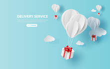 Balloon White Floating On Sky.Delivery Service With Gift Box On Air Blue Background.happy New Years And Merry Christmas.Festival Transportation Concept.Creative Paper Cut And Craft Style Vector EPS10