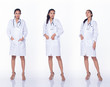 Professional Asian Beautiful Doctor Nurse woman in labcoat uniform hair stethoscope smiles, stands and walks in Medical hospital, studio lighting white background, collage group pack full length 360
