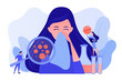 Female patient sneezing, taking a pill from doctor and allergen under magnifier. Allergic diseases, allergy reaction, antihistamines therapy concept. Pinkish coral bluevector vector isolated