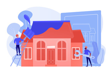 Sticker - Workers with paintbrush and wrench improving the house. House renovation, property renovation, house remodeling and onstruction services concept. Pinkish coral bluevector isolated illustration