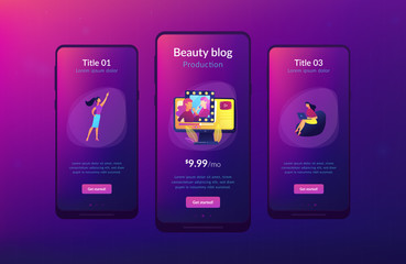 Female user watches beauty blogger showing latest trend makeup tutorial. Beauty blogger, beauty blog production, online beauty consultant concept. Mobile UI UX GUI template, app interface wireframe