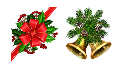 Wall Mural - Christmas decorations with fir tree golden jingle bells