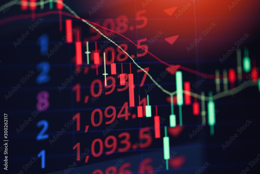 Stock market exchange loss trading graph analysis investment indicator business graph charts of financial board display candlestick double exposure crisis stock crash red price chart fall - obrazy, fototapety, plakaty 