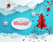 Christmas Greeting Card Design. Paper Decoration And Clouds Against Blue Background.  Vector Illustration