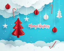 Christmas Greeting Card Design. Paper Decoration And Clouds Against Blue Background.  Vector Illustration