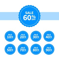 Poster - Sale tags set vector badges template, up to 10, 20, 30, 40, 50, 60, 70, 80, 90 percent off. Templates ready for use in advertising design, web and print design. Blue flat discount banners or stickers.