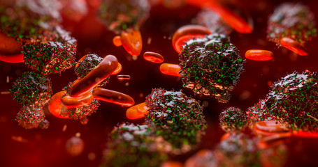 Wall Mural - 3d render electron microscope of red blood cells and other bodies or virus