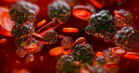 Wall Mural - 3d render electron microscope of red blood cells and other bodies or virus