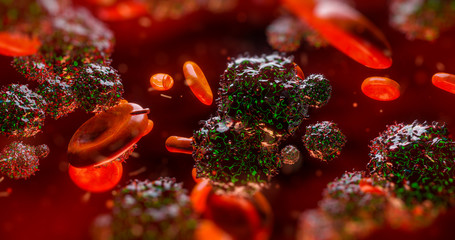 Wall Mural - 3d render electron microscope of red blood cells and other bodies or virus