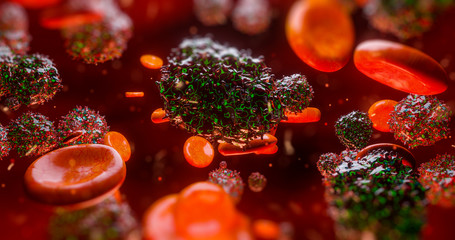 Wall Mural - 3d render electron microscope of red blood cells and other bodies or virus
