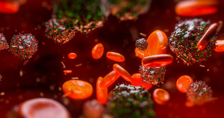Wall Mural - 3d render electron microscope of red blood cells and other bodies or virus
