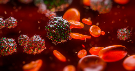 Wall Mural - 3d render electron microscope of red blood cells and other bodies or virus