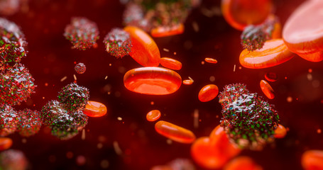 Wall Mural - 3d render electron microscope of red blood cells and other bodies or virus