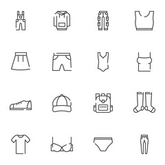 Wall Mural - Summer clothes line icons set. linear style symbols collection, outline signs pack. vector graphics. Set includes icons as swimsuit, short skirt, undergarment bra, cap, overalls, hoodie, sock, pants