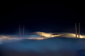 Fototapete - Vladivostok cityscape night view. Fog over the city.