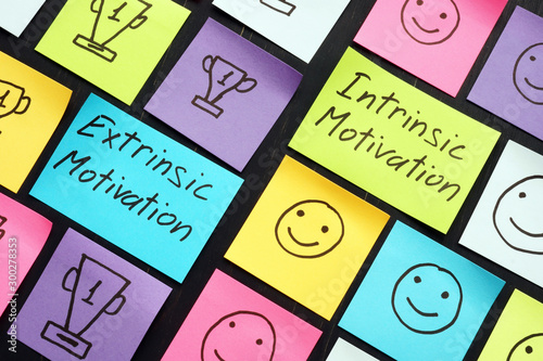 Fotografía Extrinsic and intrinsic motivation signs and small memo sticks.