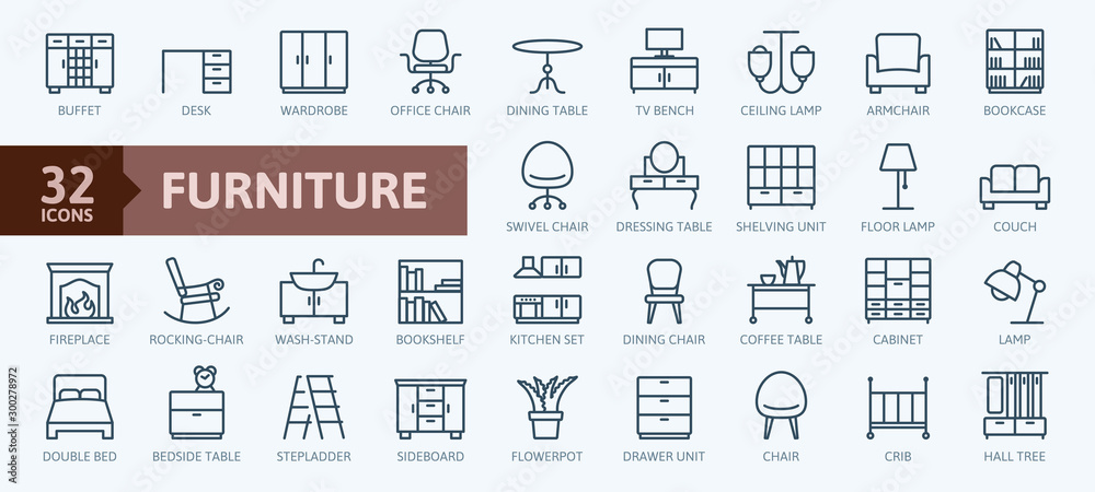 Furniture - minimal thin line web icon set. Outline icons collection. Simple vector illustration. - obrazy, fototapety, plakaty 