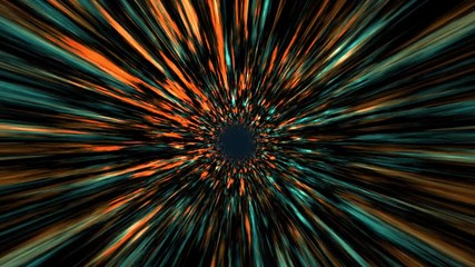 Wall Mural - Space warp speed through wormehole as since fiction universe teleport with cosmic design light rays. Space transport concept into orange white tunnel