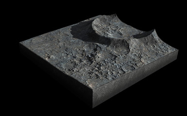 Wall Mural - cross section of a crater on the surface of the moon, terrain model isolated on black background