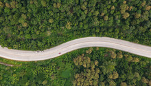 Aerial Top View Of Pathway Road In Forest, View From Drone