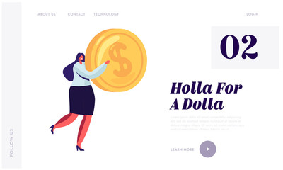 Poster - Money and People Website Landing Page. Happy Smiling Business Woman Carry Huge Golden Dollar Coin. Savings Investment Financial Success Concept for Web Page Banner. Cartoon Flat Vector Illustration