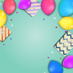 Sticker - Holiday celebrations background with balloons and gifts.