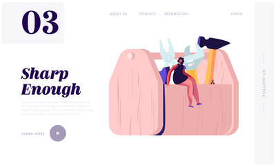 Poster - Diy Repair Tools Website Landing Page. Tiny Woman Sitting on Huge Box with Hammer Wrench and Pliers. Engineering Construction House Renovation Service Web Page Banner. Cartoon Flat Vector Illustration