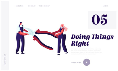 Poster - Repair Home Service, Electrician Call Master Website Landing Page. Tiny Man and Woman in Worker Uniform Holding Huge Pliers for Fixing Broken Technics Web Page Banner. Cartoon Flat Vector Illustration