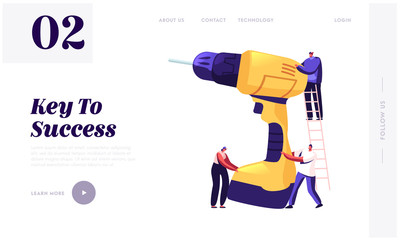 Poster - Carpenter Repairman Builder Home Repair Working Tool Website Landing Page. People Climb on Huge Drill by Ladder. Construction Engineers with Equipment Web Page Banner. Cartoon Flat Vector Illustration