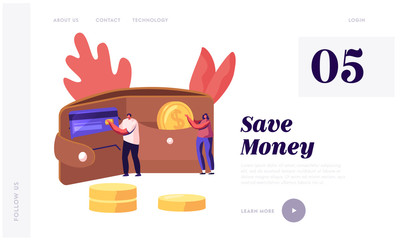 Poster - Cash and Savings Website Landing Page. People Put Money and Credit Card to Huge Purse. Tiny Man and Woman Characters Holding Golden Currency Coins Web Page Banner. Cartoon Flat Vector Illustration