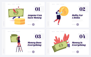 Poster - people earning saving money website landing page set. tiny male and female characters with huge doll
