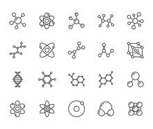 Molecule Flat Line Icons Set. Chemistry Science, Molecular Structure, Chemical Laboratory Dna Cell Protein Vector Illustrations. Outline Signs Scientific Research. Pixel Perfect 64x64 Editable Stroke