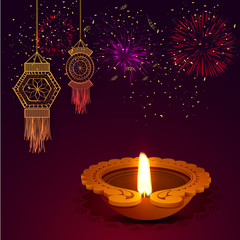 Sticker - Happy Diwali celebration background with Oil Lamps.